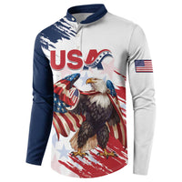 White and navy button henley rugby sweatshirt with patriotic eagle graphic on chest