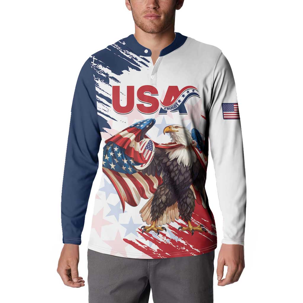 White and navy long-sleeve button henley sweatshirt with eagle and flag sleeve print