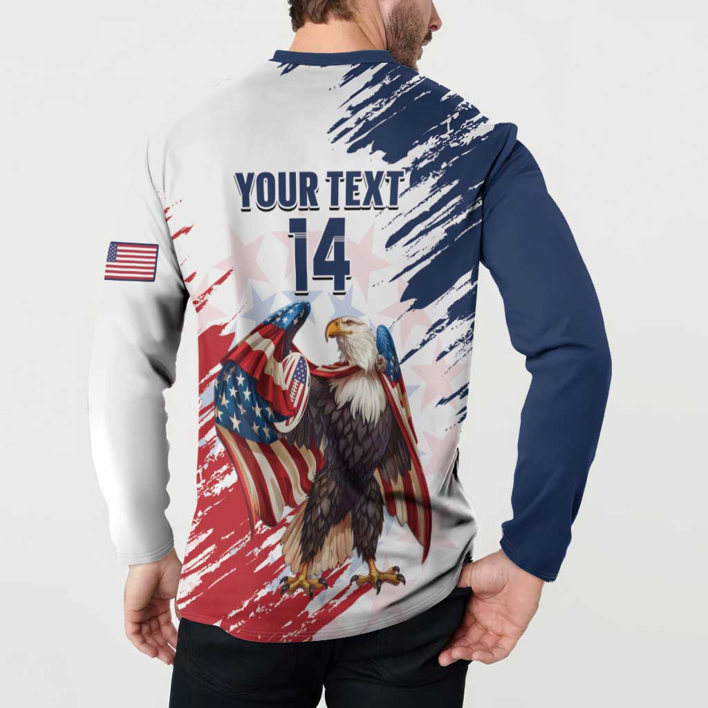 White and navy button henley rugby sweatshirt with back eagle graphic, YOUR TEXT 14