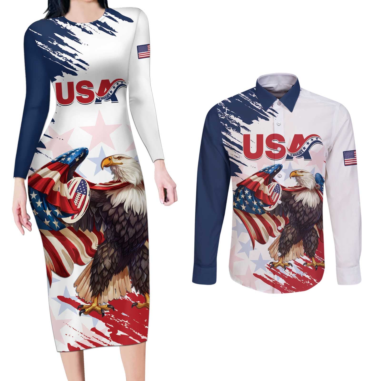 Custom USA Rugby Couples Matching Long Sleeve Bodycon Dress and Long Sleeve Button Shirt Powerful Eagle Grunge Brush Style - White - Wonder Print Shop