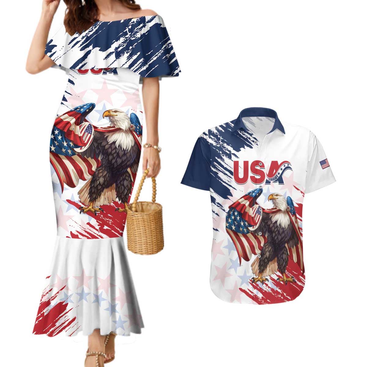 Custom USA Rugby Couples Matching Mermaid Dress and Hawaiian Shirt Powerful Eagle Grunge Brush Style - White - Wonder Print Shop