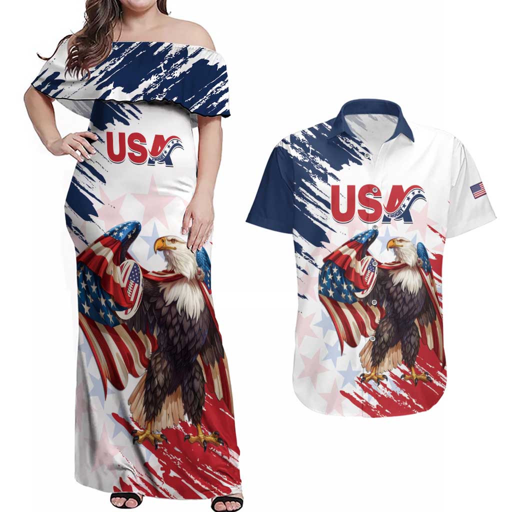 Custom USA Rugby Couples Matching Off Shoulder Maxi Dress and Hawaiian Shirt Powerful Eagle Grunge Brush Style - White - Wonder Print Shop