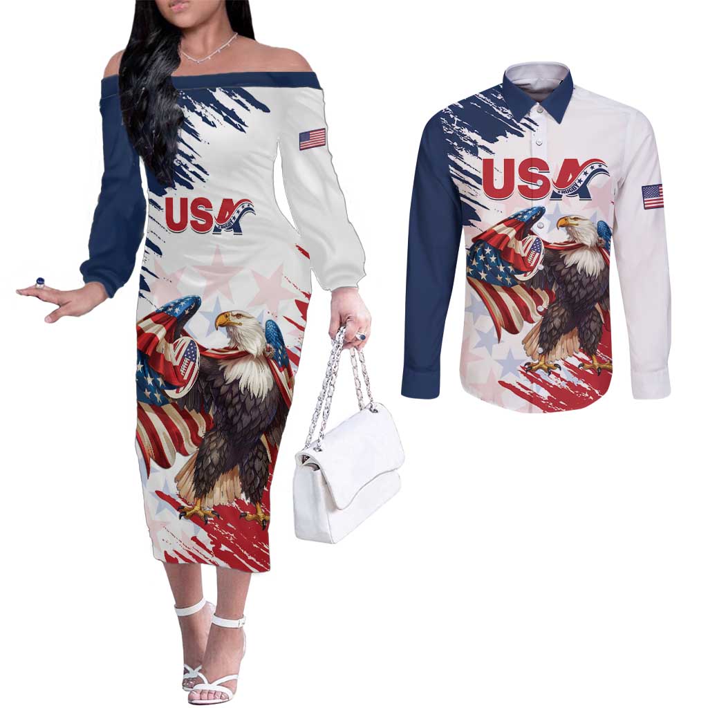 Custom USA Rugby Couples Matching Off The Shoulder Long Sleeve Dress and Long Sleeve Button Shirt Powerful Eagle Grunge Brush Style - White