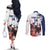 Custom USA Rugby Couples Matching Off The Shoulder Long Sleeve Dress and Long Sleeve Button Shirt Powerful Eagle Grunge Brush Style - White