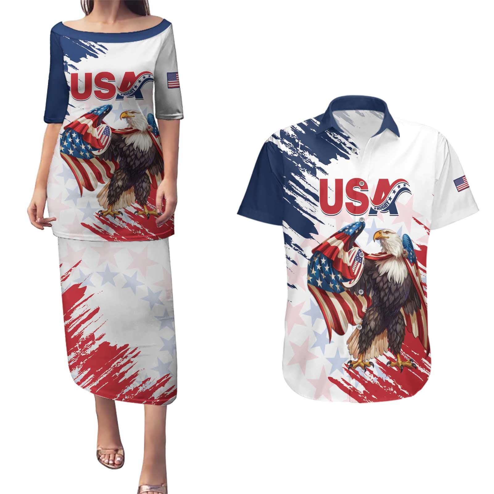 Custom USA Rugby Couples Matching Puletasi and Hawaiian Shirt Powerful Eagle Grunge Brush Style - White - Wonder Print Shop