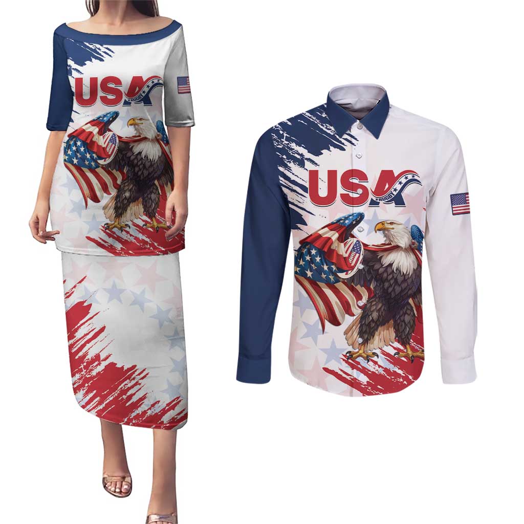 Custom USA Rugby Couples Matching Puletasi and Long Sleeve Button Shirt Powerful Eagle Grunge Brush Style - White - Wonder Print Shop