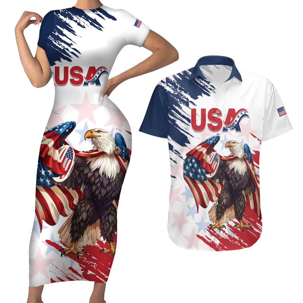 Custom USA Rugby Couples Matching Short Sleeve Bodycon Dress and Hawaiian Shirt Powerful Eagle Grunge Brush Style - White - Wonder Print Shop