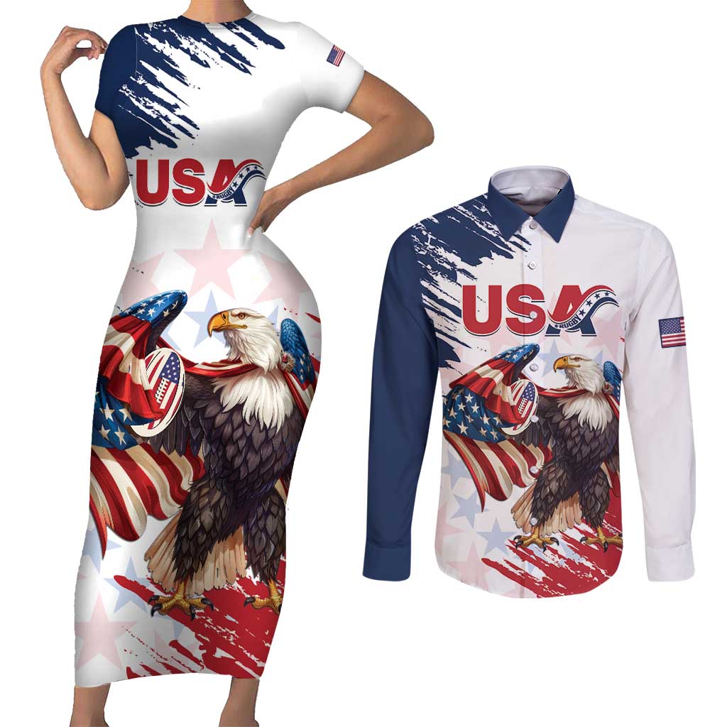 Custom USA Rugby Couples Matching Short Sleeve Bodycon Dress and Long Sleeve Button Shirt Powerful Eagle Grunge Brush Style - White - Wonder Print Shop