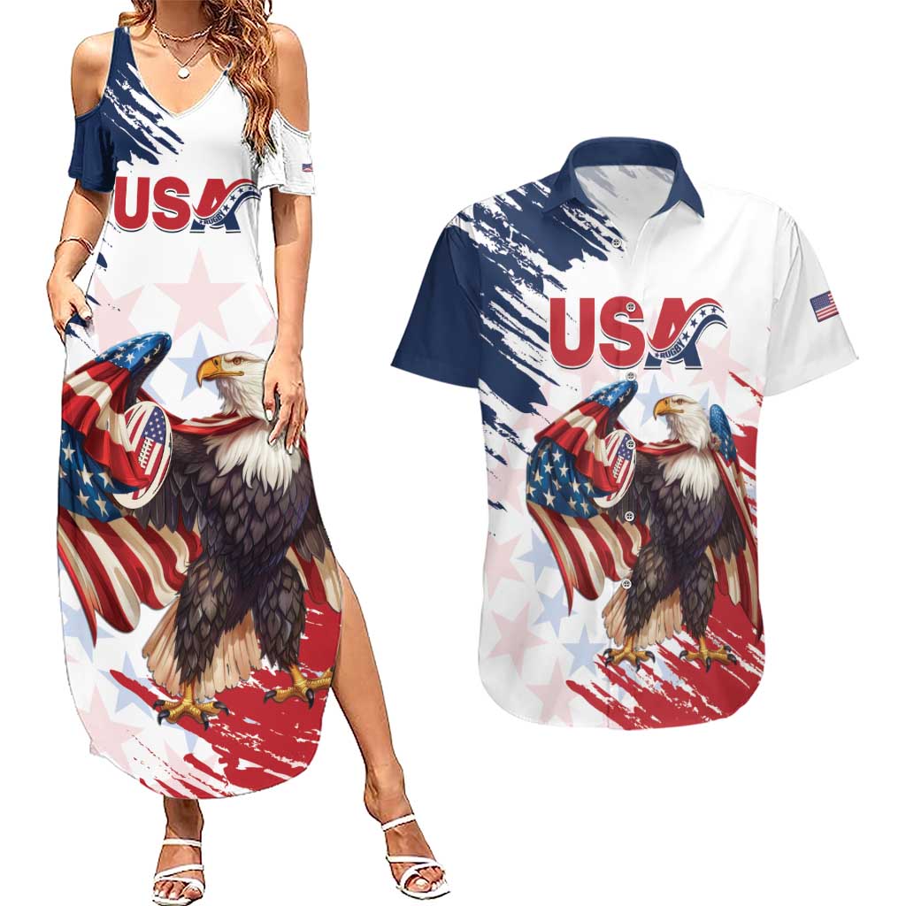 Custom USA Rugby Couples Matching Summer Maxi Dress and Hawaiian Shirt Powerful Eagle Grunge Brush Style - White - Wonder Print Shop