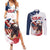 Custom USA Rugby Couples Matching Summer Maxi Dress and Long Sleeve Button Shirt Powerful Eagle Grunge Brush Style - White - Wonder Print Shop