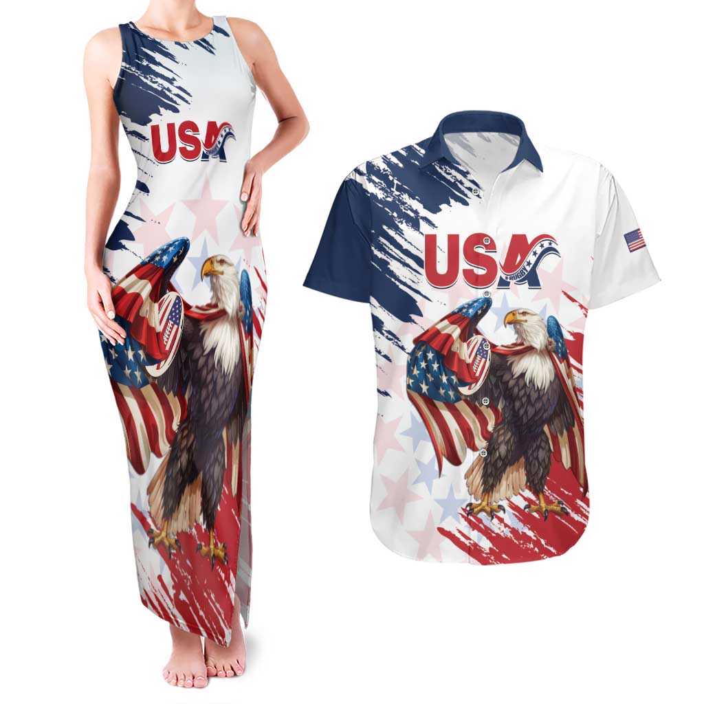 Custom USA Rugby Couples Matching Tank Maxi Dress and Hawaiian Shirt Powerful Eagle Grunge Brush Style - White - Wonder Print Shop