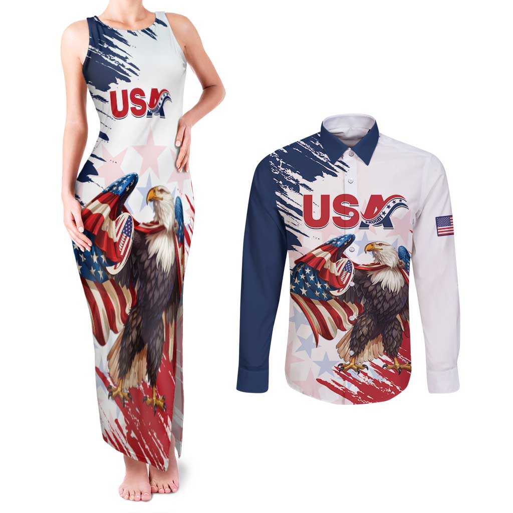 Custom USA Rugby Couples Matching Tank Maxi Dress and Long Sleeve Button Shirt Powerful Eagle Grunge Brush Style - White - Wonder Print Shop