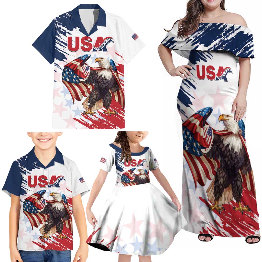 Custom USA Rugby Family Matching Off Shoulder Maxi Dress and Hawaiian Shirt Powerful Eagle Grunge Brush Style - White - Wonder Print Shop