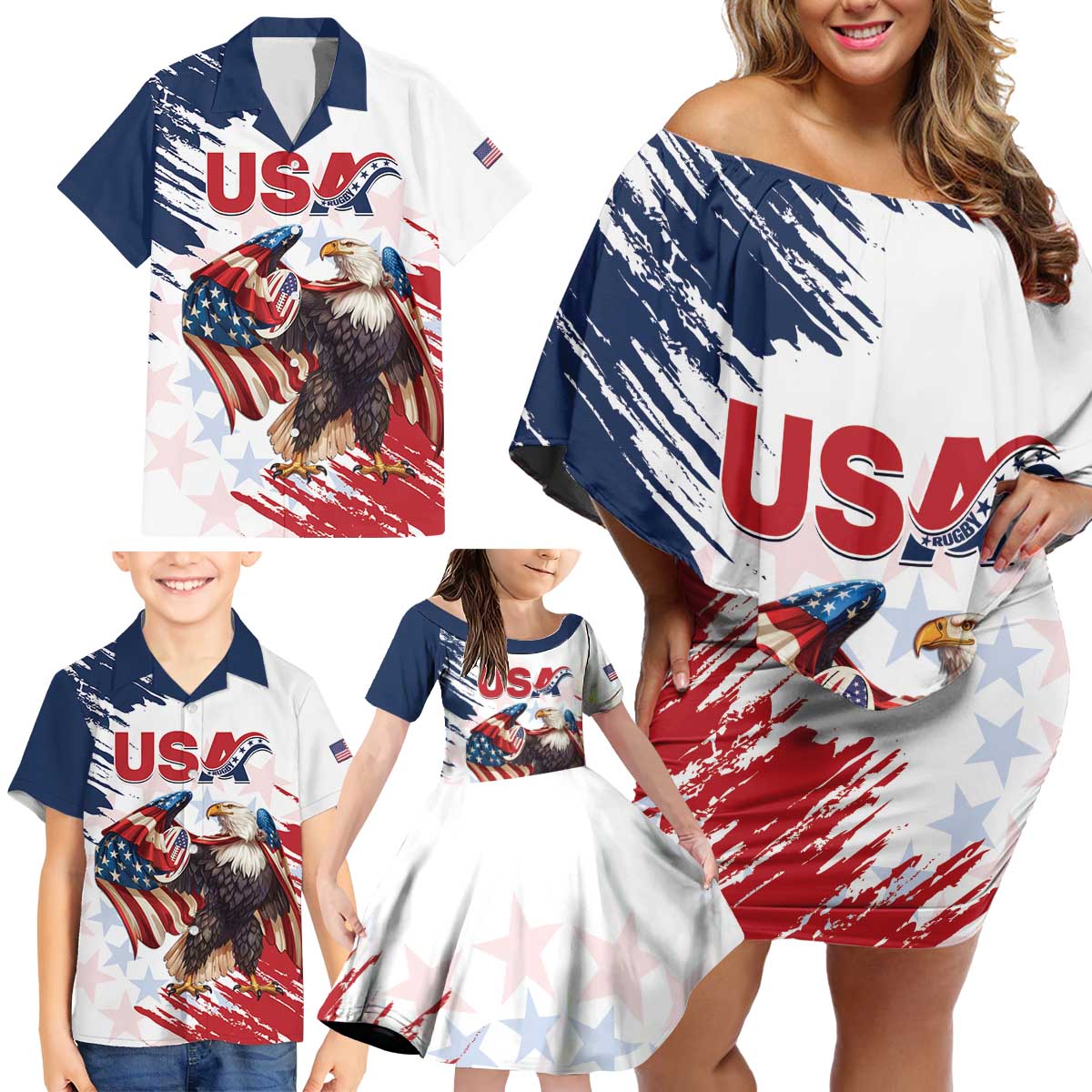 Custom USA Rugby Family Matching Off Shoulder Short Dress and Hawaiian Shirt Powerful Eagle Grunge Brush Style - White - Wonder Print Shop