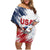 Custom USA Rugby Family Matching Off Shoulder Short Dress and Hawaiian Shirt Powerful Eagle Grunge Brush Style - White - Wonder Print Shop