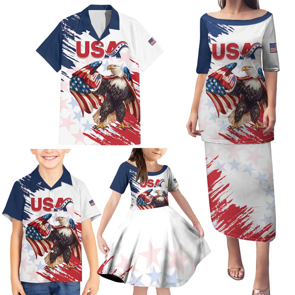 Custom USA Rugby Family Matching Puletasi and Hawaiian Shirt Powerful Eagle Grunge Brush Style - White - Wonder Print Shop