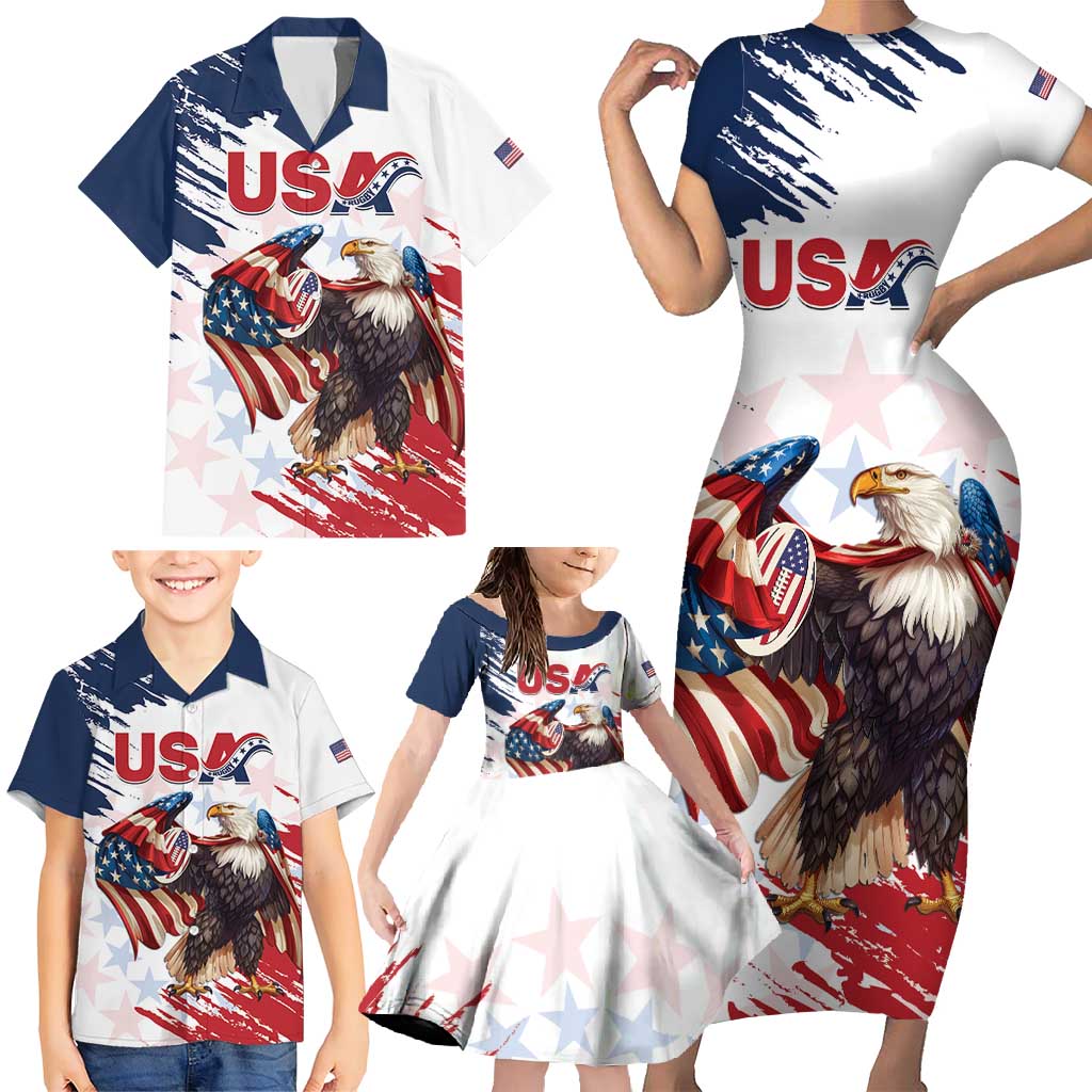 Custom USA Rugby Family Matching Short Sleeve Bodycon Dress and Hawaiian Shirt Powerful Eagle Grunge Brush Style - White - Wonder Print Shop