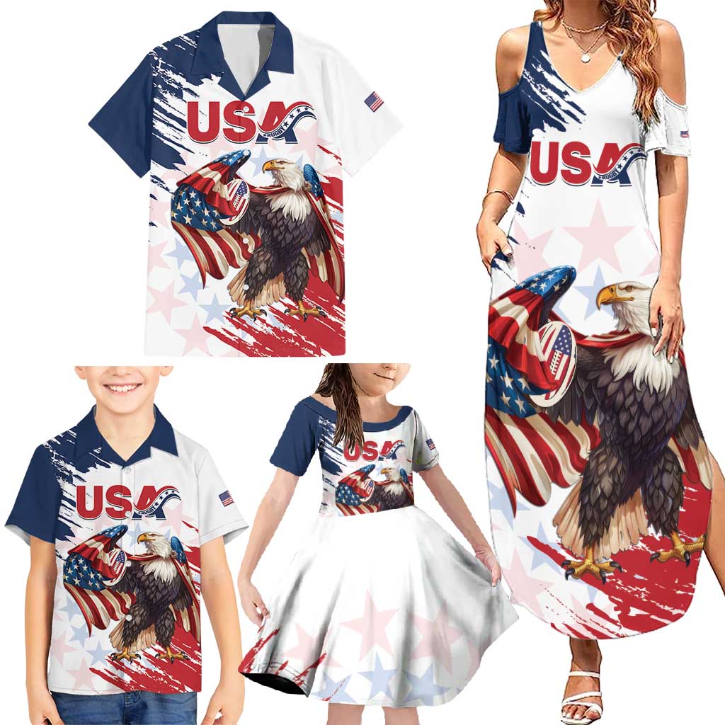 Custom USA Rugby Family Matching Summer Maxi Dress and Hawaiian Shirt Powerful Eagle Grunge Brush Style - White - Wonder Print Shop