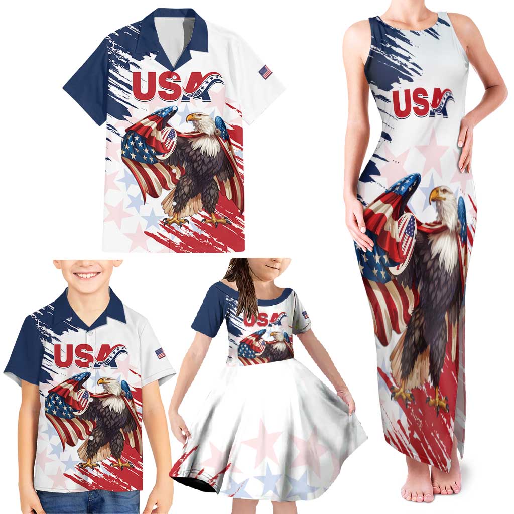 Custom USA Rugby Family Matching Tank Maxi Dress and Hawaiian Shirt Powerful Eagle Grunge Brush Style - White - Wonder Print Shop