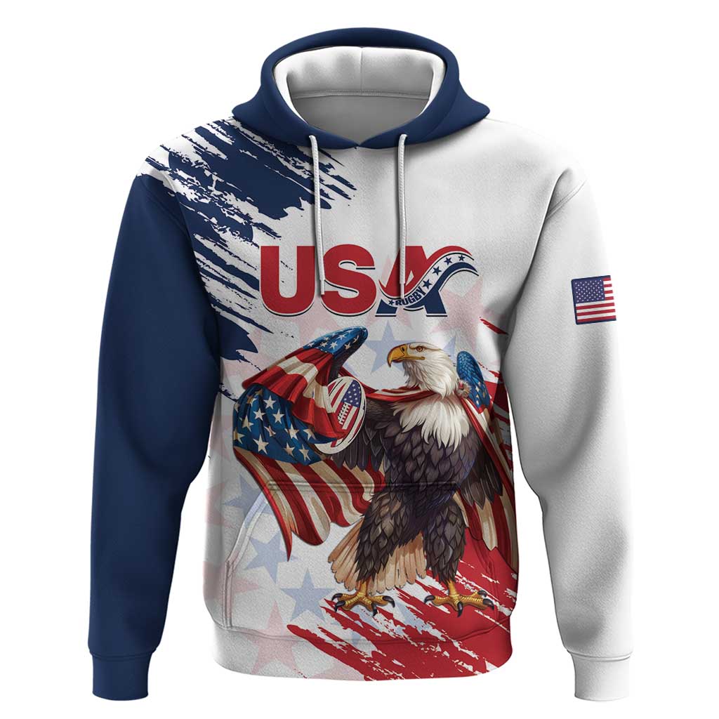 Custom USA Rugby Hoodie Powerful Eagle Grunge Brush Style - White - Wonder Print Shop