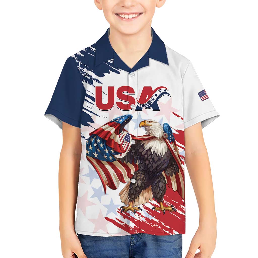 Custom USA Rugby Kid Hawaiian Shirt Powerful Eagle Grunge Brush Style - White - Wonder Print Shop