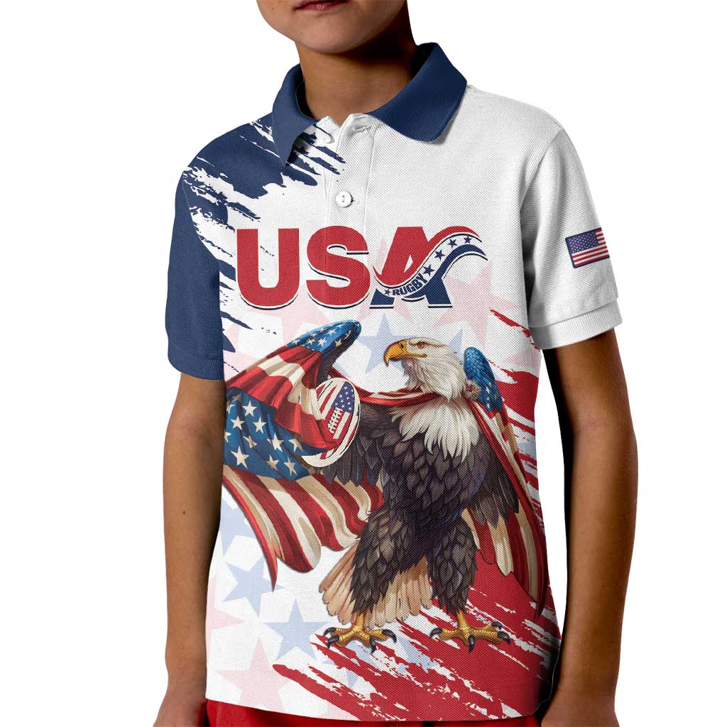 Custom USA Rugby Kid Polo Shirt Powerful Eagle Grunge Brush Style - White - Wonder Print Shop