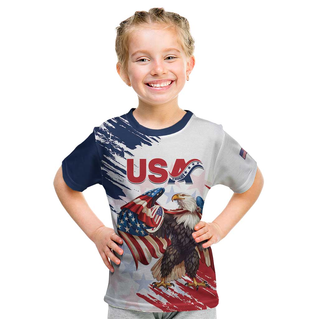 Custom USA Rugby Kid T Shirt Powerful Eagle Grunge Brush Style - White - Wonder Print Shop