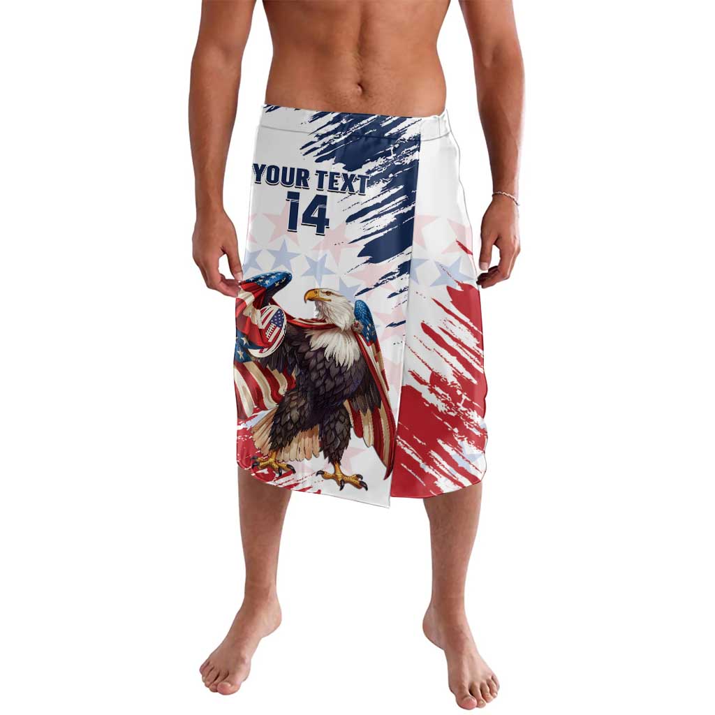 White rugby-style swim shorts with eagle graphic, red/blue grunge flag print, side panels