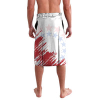 White rugby-style swim shorts with red and blue grunge flag stripes, elastic waist