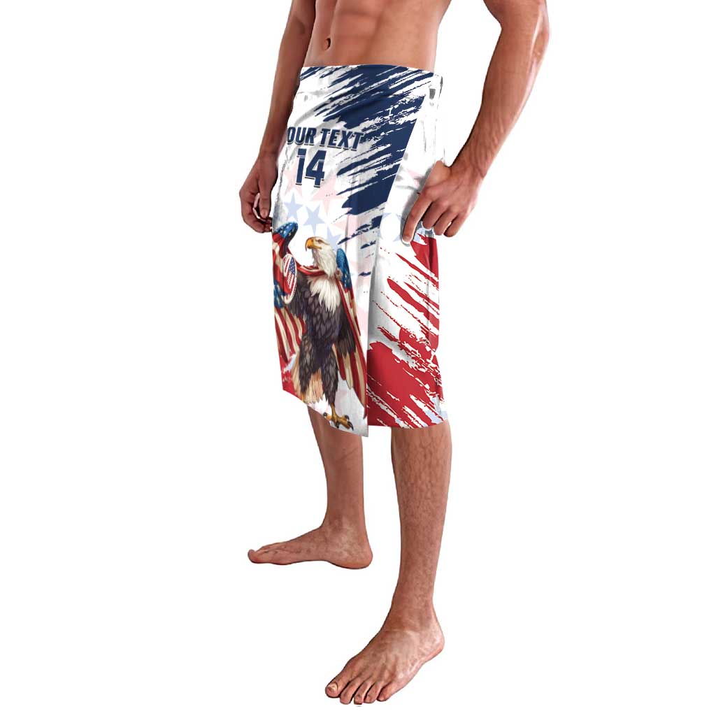 White rugby-style swim shorts with blue red grunge flag print and large eagle graphic