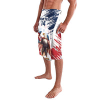 White rugby-style swim shorts with blue red grunge flag print and large eagle graphic