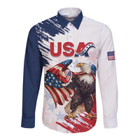 Long-sleeve button shirt in white with navy sleeves, eagle USA grunge graphic