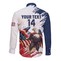 Long-sleeve button shirt, white with navy sleeves, back shows eagle and 'YOUR TEXT 14'