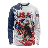 Long sleeve rugby shirt: white body, dark navy sleeves; grunge eagle and USA on front
