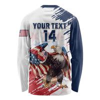 Long sleeve rugby shirt back: white with dark navy; eagle graphic with YOUR TEXT and 14