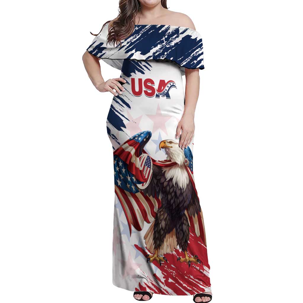 Custom USA Rugby Off Shoulder Maxi Dress Powerful Eagle Grunge Brush Style - White - Wonder Print Shop