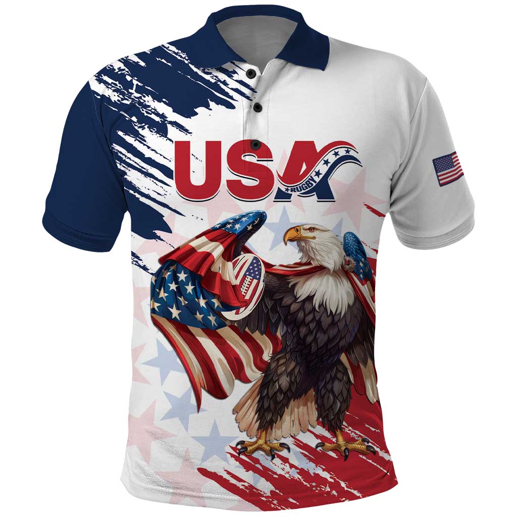 Custom USA Rugby Polo Shirt Powerful Eagle Grunge Brush Style - White - Wonder Print Shop