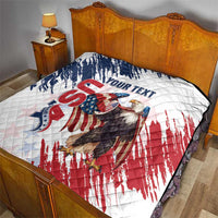 White quilt over bed with American flag eagle graphic and centered “Your Text” panel.
