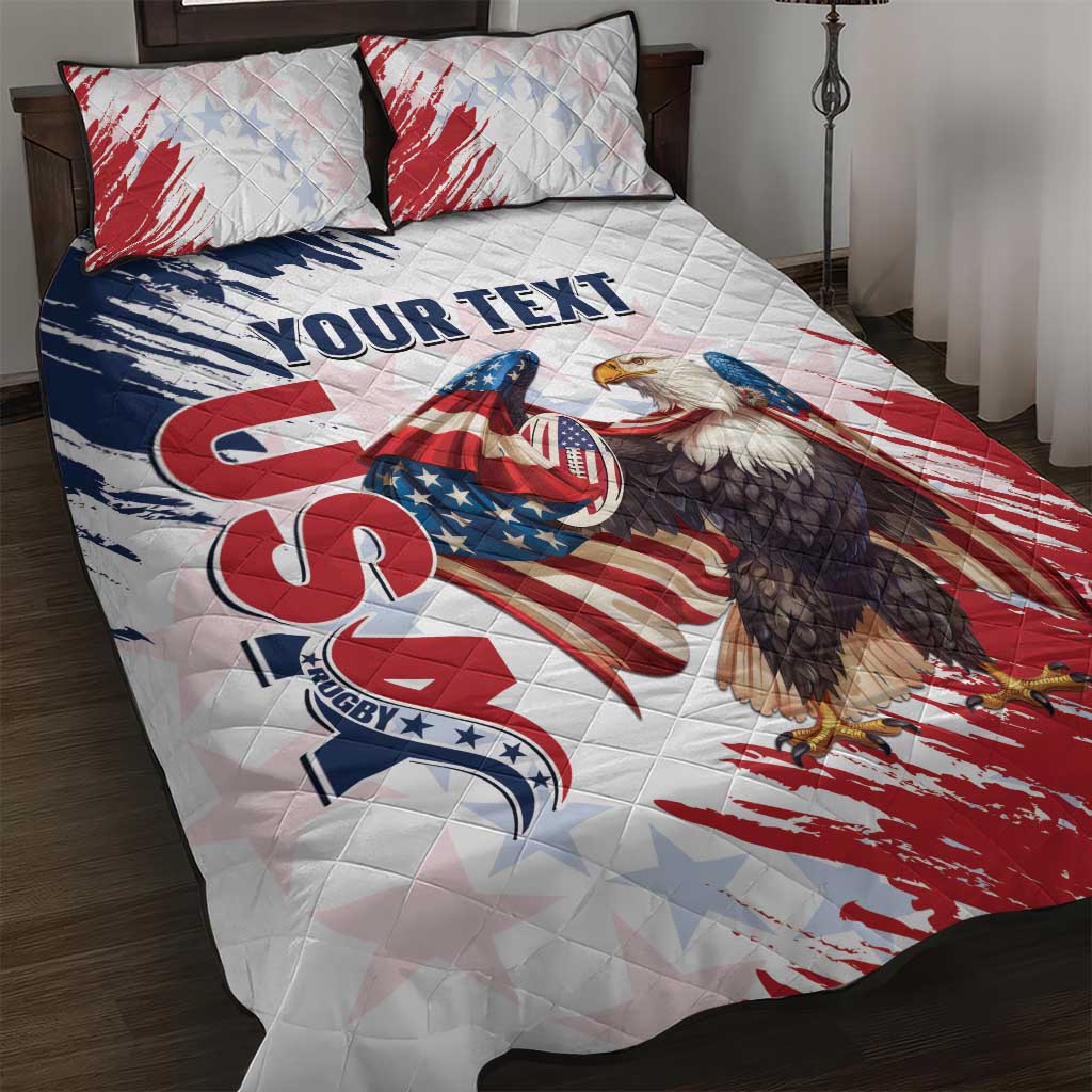 Custom USA Rugby Quilt Bed Set Powerful Eagle Grunge Brush Style - White - Wonder Print Shop