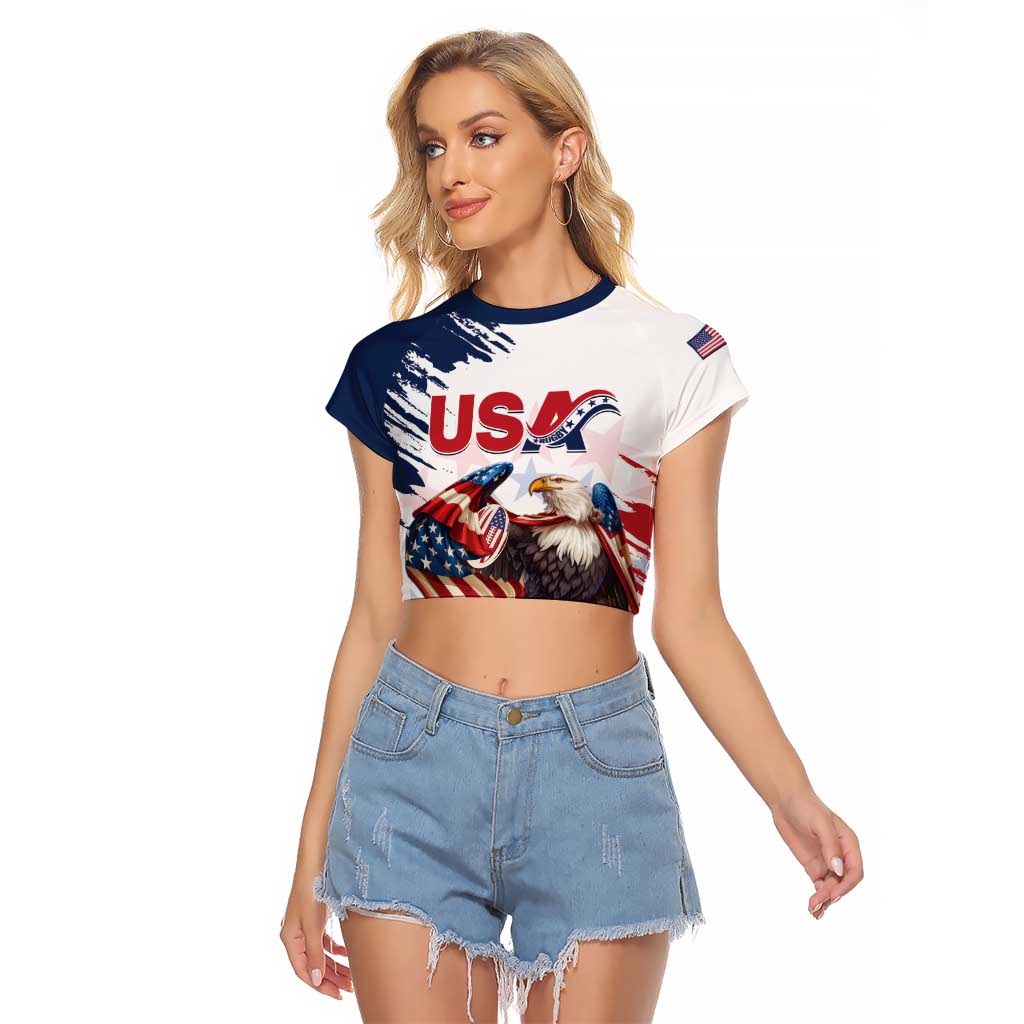 Custom USA Rugby Raglan Cropped T Shirt Powerful Eagle Grunge Brush Style - White