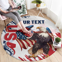Round USA-themed rug with eagle graphic and stars-and-stripes grunge, custom text banner