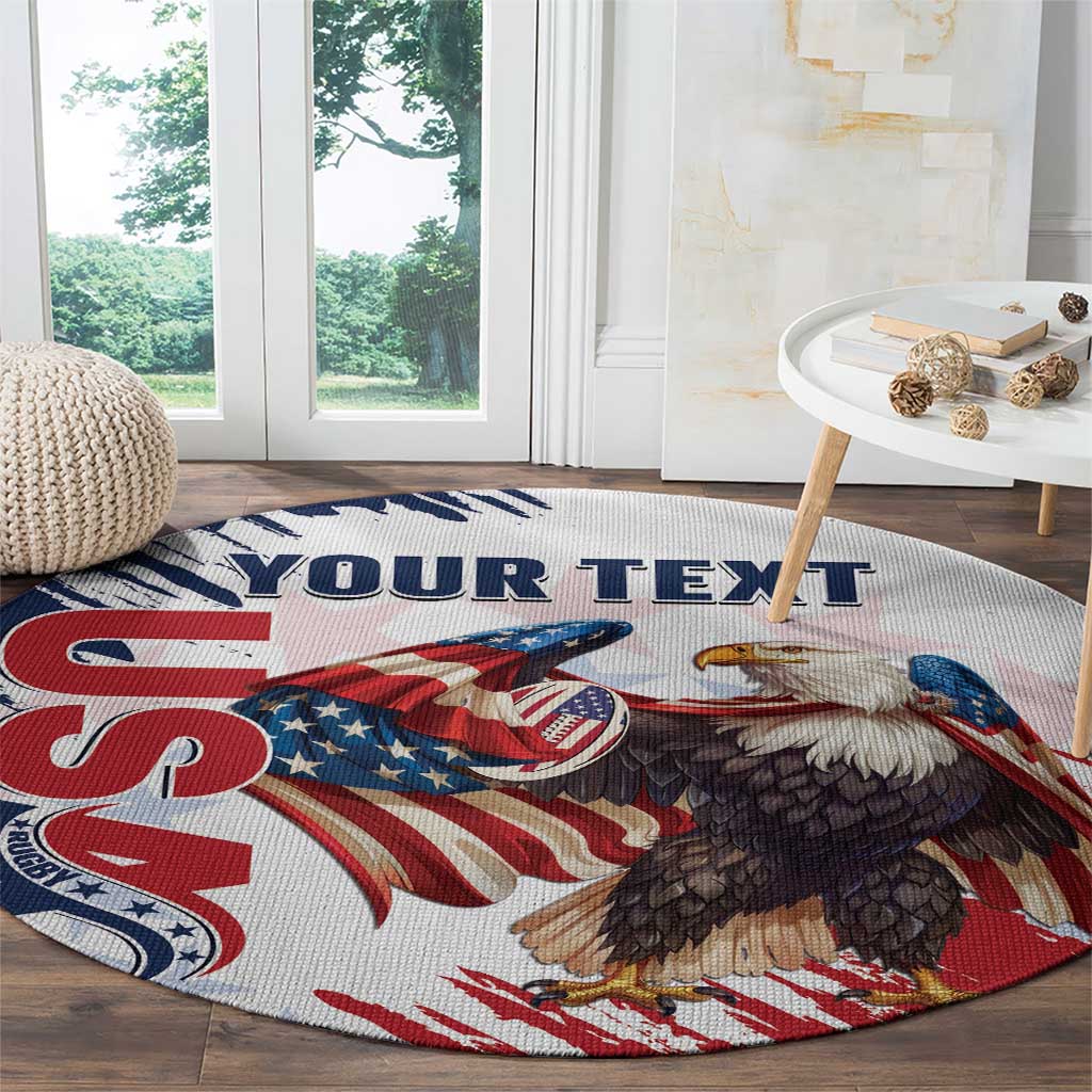 Round USA-themed rug with eagle and red white blue flag stripes, custom text across middle