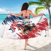 White USA eagle sarong draped over shoulders, red brush stripes and custom text