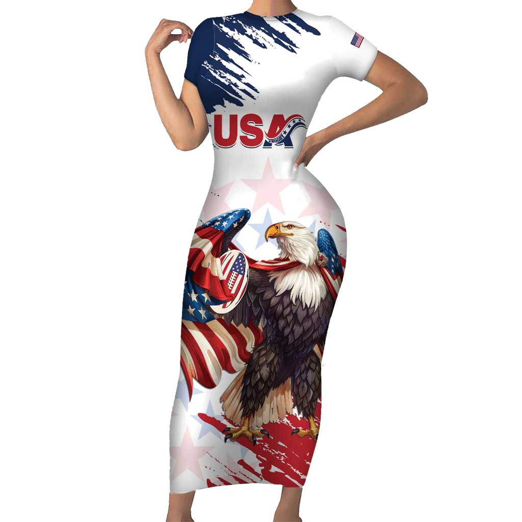 Custom USA Rugby Short Sleeve Bodycon Dress Powerful Eagle Grunge Brush Style - White