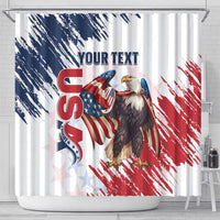 White shower curtain featuring American eagle graphic with blue “YOUR TEXT” header