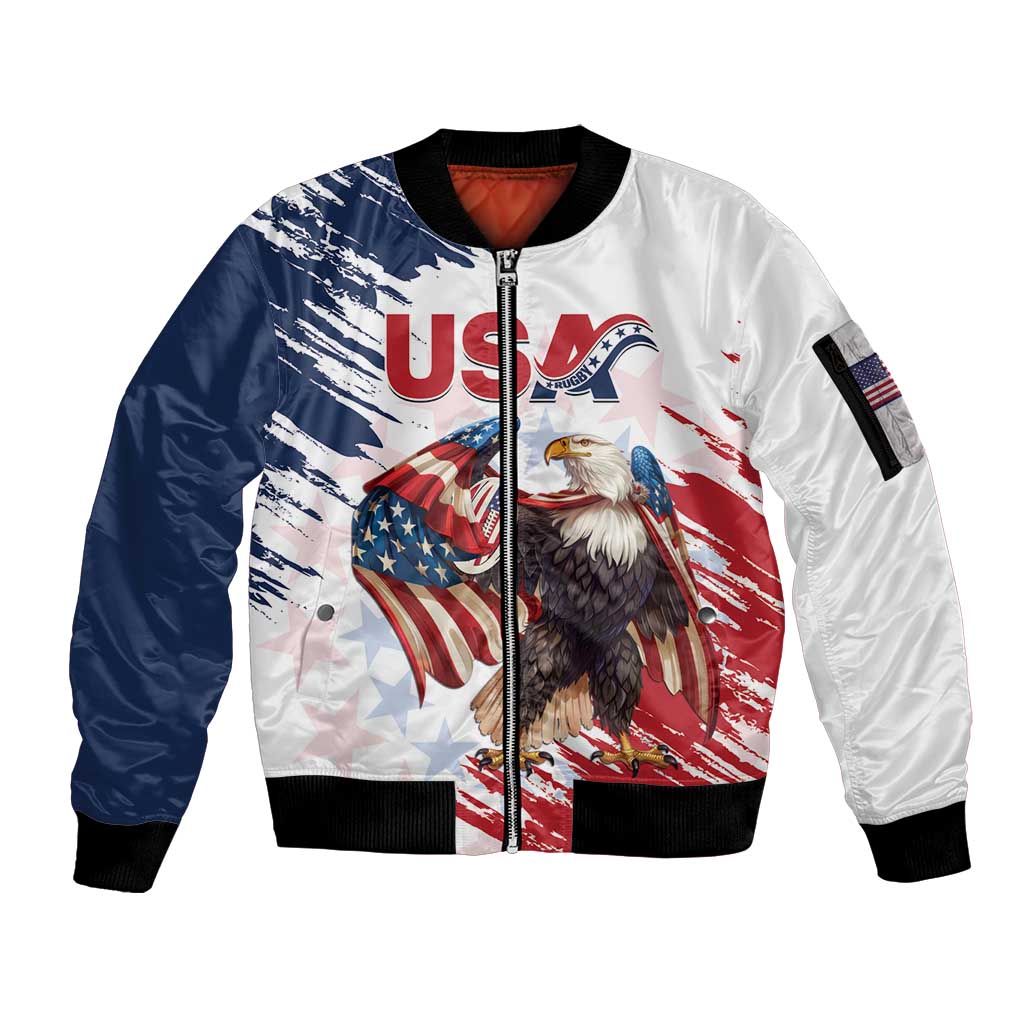 Custom USA Rugby Sleeve Zip Bomber Jacket Powerful Eagle Grunge Brush Style - White