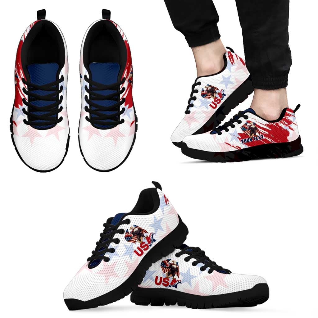 Pair of white lace-up sneakers with red/blue eagle and star print, black outsole.
