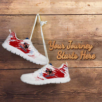 White lace-up sneakers with red eagle graphic, star pattern, personalized text, black outsole.