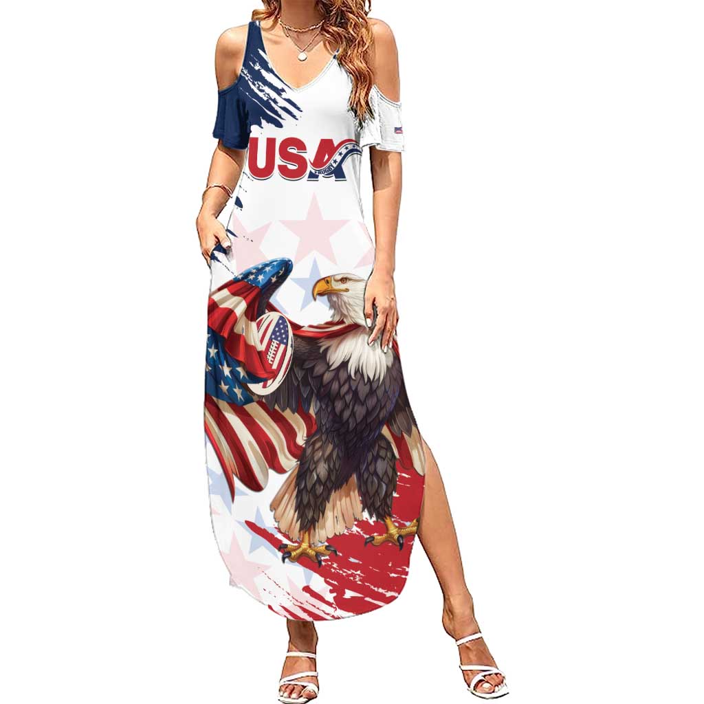 Custom USA Rugby Summer Maxi Dress Powerful Eagle Grunge Brush Style - White