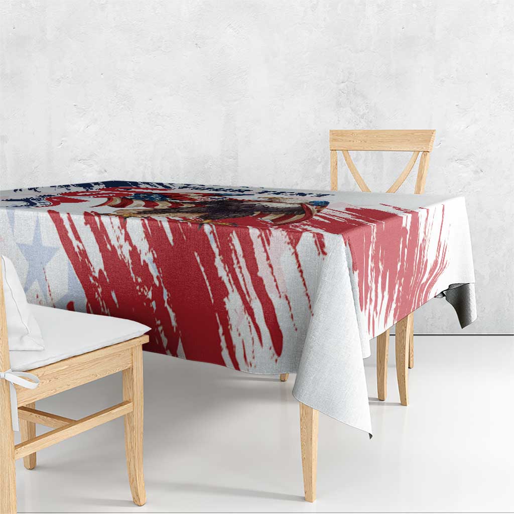 White tablecloth with red brush stripe pattern and blue star accents